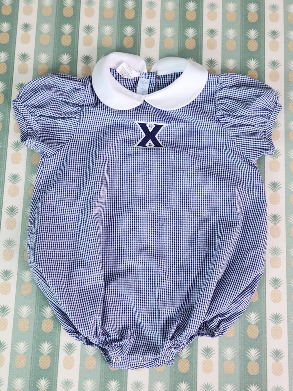 Xavier University Navy Gingham Baby Bubble Romper with White Peter Pan Collar